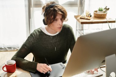 Kendini dijital sanat eserlerine adamış bir öğrenci sıcak bir içecekle evde eğleniyor..