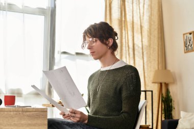 Odaklanmış genç adam evde çalışıyor, oturma odasında rahatça otururken belgeleri inceliyor..