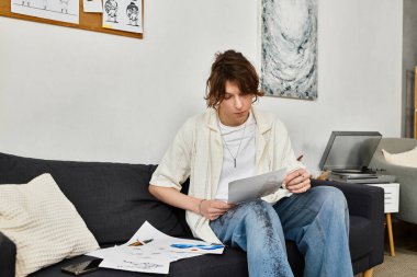 Evde okuyan genç bir adam, akademik çalışmalarına dalmış, kağıtları ve çizimleri gözden geçiriyordu..