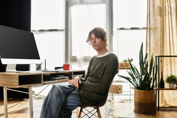 Genç adam çalışma alanında düşünceli bir şekilde oturur. Huzurlu bir yuva ortamında ders çalışır..