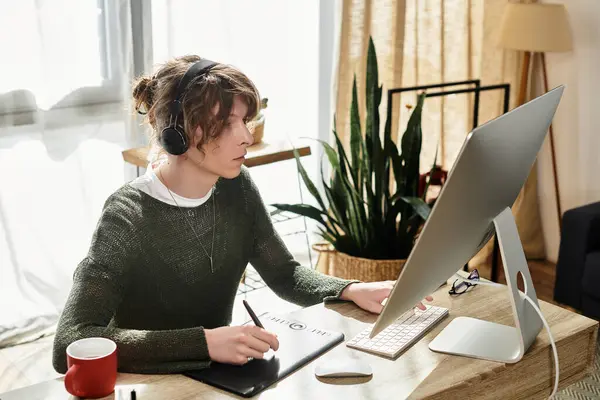 Evdeki çalışmalara özenle katılan bir adam not alırken bilgisayar kullanıyor..