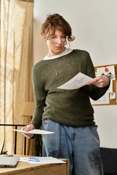 Evdeki bir adam çizimlerini ve notlarını gözden geçirir, rahat bir ortamda derslerine odaklanır..