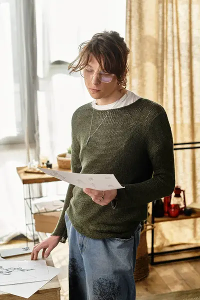 Odaklanmış genç bir adam gazeteleri Güneş ışığıyla dolu sıcak ve davetkar bir ortamda gözden geçirir..