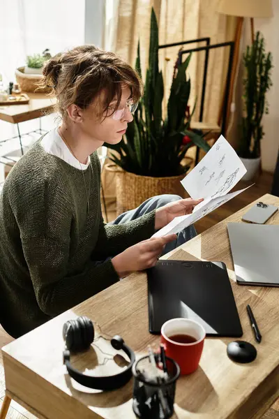 Genç adam rahat masasında çalışıyor, notları ve sanat eserlerini gözden geçiriyor..