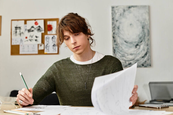 Сосредоточенные молодые студенческие работы на своих работах дома, окруженные эскизами и творческими материалами.