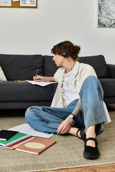 Genç adam evde, rahat bir ortamda kitap ve notlarla çevrili odaklanmış çalışmayla meşgul..