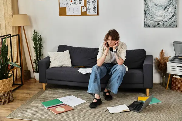 Genç bir adam derin düşüncelerle kanepede oturur. Çalışma materyalleri etrafa saçılmıştır..