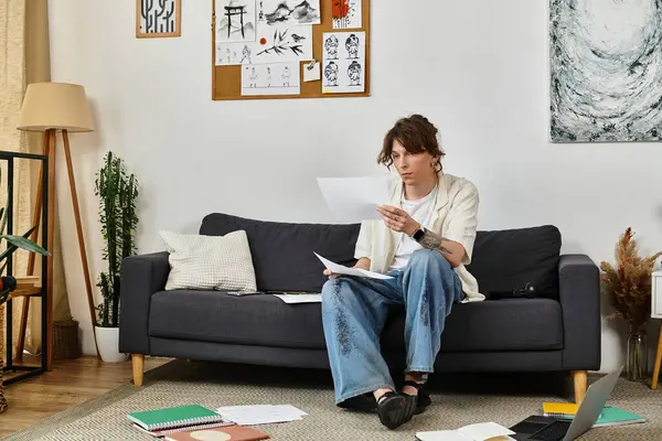 Odaklanmış öğrenci evdeki baskı materyallerini inceler. Kanepede sanat eserleri ve çalışma malzemeleriyle çevrili.