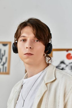 Evde çalışmaya dalmış, kulaklık takmış ve çevresine odaklanmış genç bir öğrenci..