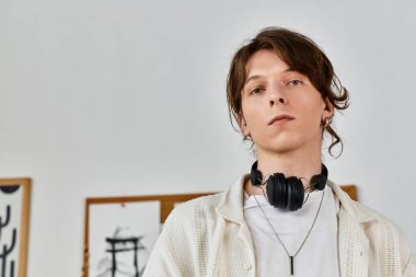 Evde genç bir öğrenci, kulaklıkları boynunda, derslerine odaklanmış..