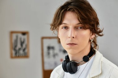 Kıvırcık saçlı genç adam evde ders çalışıyor, kulaklık takıyor ve görevlerine odaklanıyor..