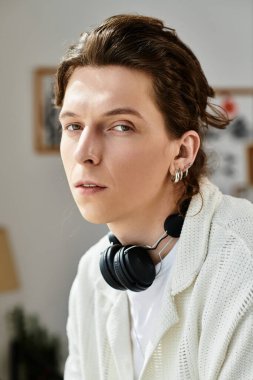 Genç bir öğrenci evde öğrenim görüyor. Konsantrasyonunu ve tarzını benzersiz bir ortamda gösteriyor..