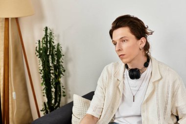 Rahat bir ev ortamında odaklanmış, çalışmalarına dalmış ve ev dekoruyla çevrili bir adam..