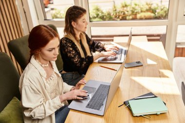 İki genç kadın, modaya uygun bir kafede eğlenirken dizüstü bilgisayarlarla iş birliği yapıyor..