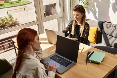 İki genç kadın modern bir kafede iş birliği yapıyor, içkilerini yudumlarken dizüstü bilgisayarlarına odaklanıyorlar..