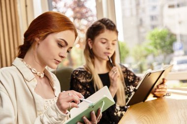 İki genç kadın modern bir kafede ders çalışırken defterlerine konsantre oluyorlar..