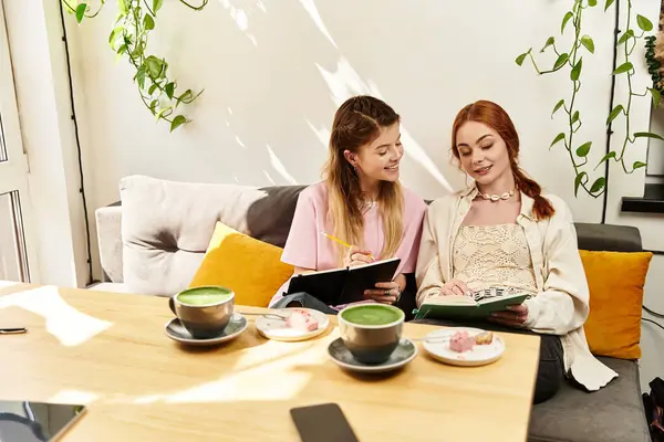 İki genç kadın, şık bir kafe ortamında içki ve tatlı içerken fikir ve kahkaha paylaşıyor..