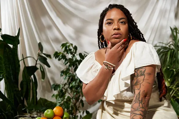 Çarpıcı bir Afrikalı Amerikalı kadın yeşil bitkilerin arasında zarifçe poz veriyor, yaz havası yayıyor..