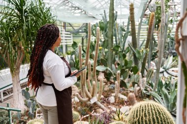 Örgülü siyah bir kadın neşe içinde seradaki bitkilere hayran, bahçe işlerine olan aşkını somutlaştırıyor..