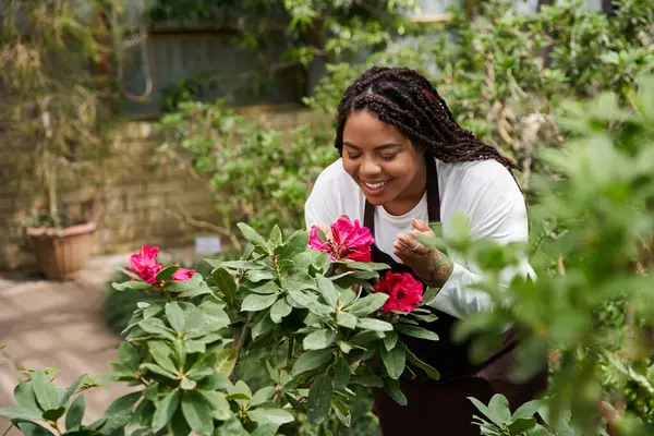 Bir serada canlı çiçeklerle ilgilenirken örgü ören Afrikalı Amerikalı kadın gülümsüyor..