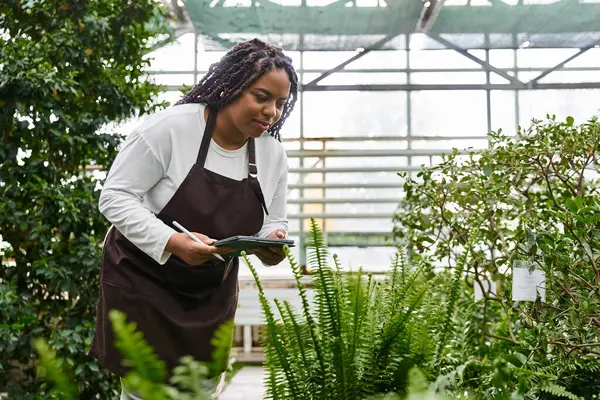 Saçları örgülü bir Afrikalı Amerikalı kadın güneşli bir serada yemyeşil çiçeklerle meşgul oluyor, mutluluğu hissediyor..