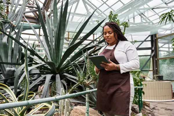 Saçları örgülü Afrikalı bir Amerikalı kadın serada gelişen bitkilerle ilgilenirken not alıyor..