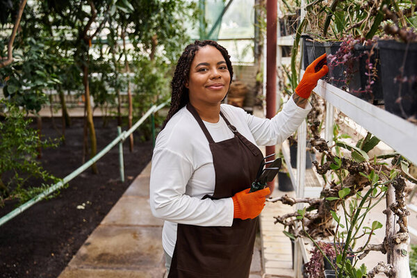 Афроамериканка с косичками стремится к растениям в яркой теплице, излучающей радость.