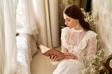 Klasik dekor ve yumuşak öğleden sonra ışığı ile çevrili, okumaya dalmış genç bir kadın..