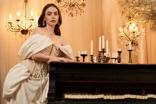 A stunning young woman charms in an elegant vintage dress under soft candlelight.