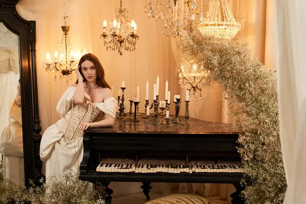 Eski moda elbiseli neşeli genç bir kadın mum ışığında kuyruklu bir piyanonun yanında poz veriyor..