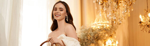 Красивая молодая женщина излучает элегантность, демонстрируя свое винтажное платье в потрясающей комнате, баннер