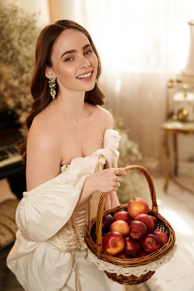 An elegant young woman enjoys a moment of beauty in a vintage setting, smiling softly.