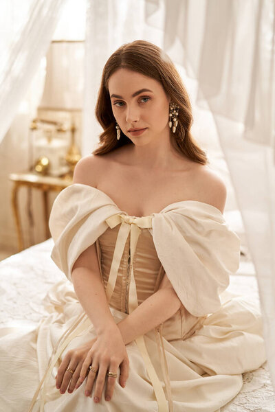 Молодая женщина в винтажном платье излучает элегантность и очарование в мягком, спокойном свете.