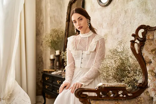 Kaliteli bir elbise giyen genç ve güzel bir kadın büyüleyici, hafif ışıklı bir odada zarafet saçar..