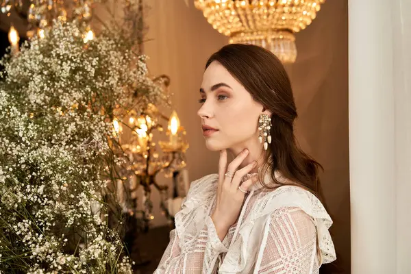 Genç bir kadın zarif bir elbise içinde, büyüleyici bir dekor ve sıcak ışıkların arasında....
