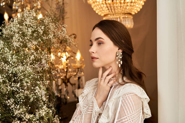 A young woman exudes elegance in a vintage dress, amidst charming decor and warm lights.