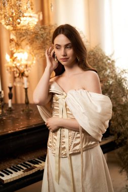 Kaliteli bir elbise giymiş genç bir kadın piyanonun yanında poz veriyor, neşe saçıyor..