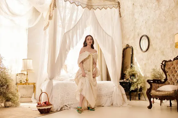 Güzel genç bir kadın zarif bir elbise içinde duruyor, yumuşak ışık ve dekorla çevrili..
