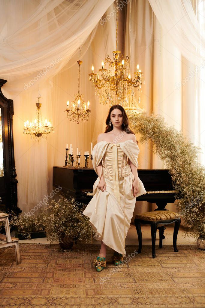 A beautiful young woman poses in an exquisite vintage dress surrounded by soft lighting and decor.