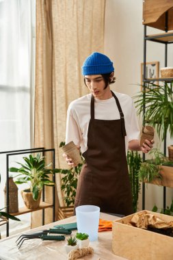 Yakışıklı genç adam iyi aydınlatılmış bir stüdyoda bitkileri yeni saksılara dikkatlice aktarıyor..