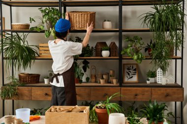 Stüdyoda genç bir adam ahşap raflardaki yeşillikleri ve dekoratif eşyaları dikkatlice yeniden düzenliyor..