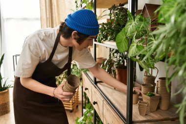 Genç bir adam, parlak ve davetkar bir stüdyo atmosferinde özenle bitki naklediyor..