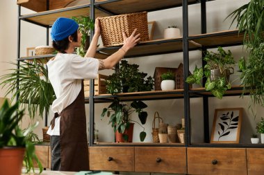 Yakışıklı bir genç adam özenle bitki yetiştirir ve stüdyosunda dekoratif eşyalar düzenler..