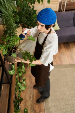 Genç bir adam stüdyolarını yeşillendirirken bitkileri yeni saksılara dikkatlice aktarıyor..