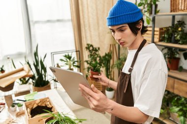 Genç adam, bahçeyle ilgili yeteneklerini geliştirmek için tabletine özen göstererek kapalı alanlarda bitki yetiştirme eğilimindedir..
