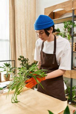 Genç bir adam dikkatli bir şekilde yeşillik dolu samimi bir stüdyoda canlı yeşil bitkiler naklediyor..