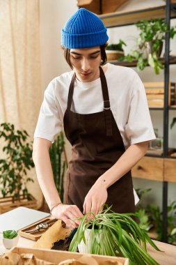 Genç adam iyi aydınlatılmış bir stüdyoda yeşillikle süslenmiş bitkiler naklediyor..