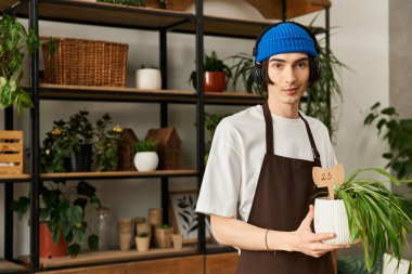 Çevresi yeşilliklerle çevrili, canlı bir stüdyo ortamında bitkileri ustaca nakleden genç bir adam..