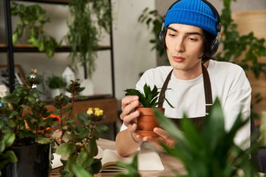 Yakışıklı genç adam stüdyoda müziğin keyfini çıkarırken bitkileri yeni saksılara dikkatlice aktarıyor..