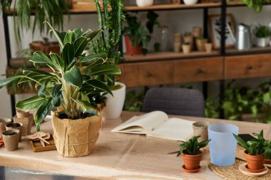 Geniş stüdyodaki basit bej masa taze ve canlı bitkilerin nakli için hazır..